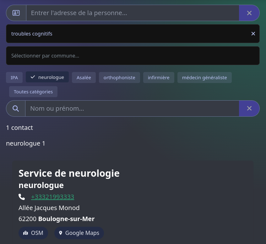 capture d'écran de l'application annuaire parcours de soins coordonnés sur le site web lié