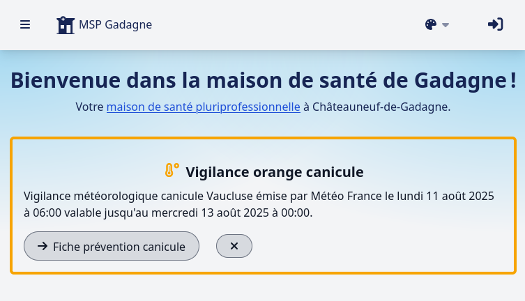Encadré orange avec icône thermomètre. Titre "Vigilance orange canicule". Texte indiquant la date de début & de fin. Boutons pour fermer l'alerte ou naviguer vers la page de prévention.