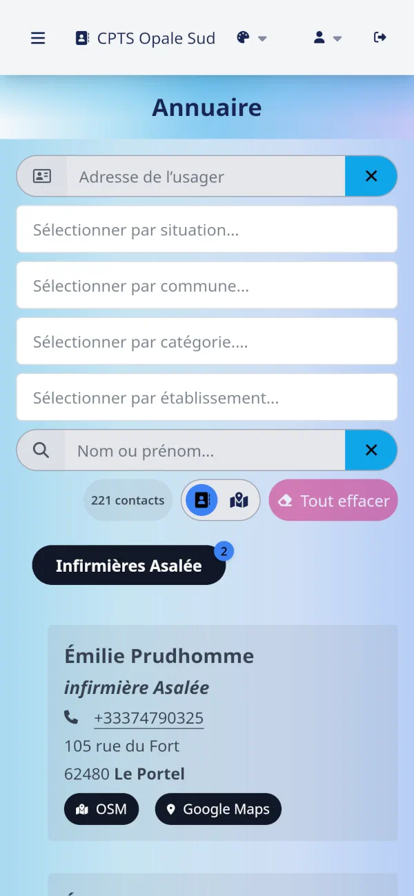 Liste des entrées de l'annuaire de la CPTS Opale Sud