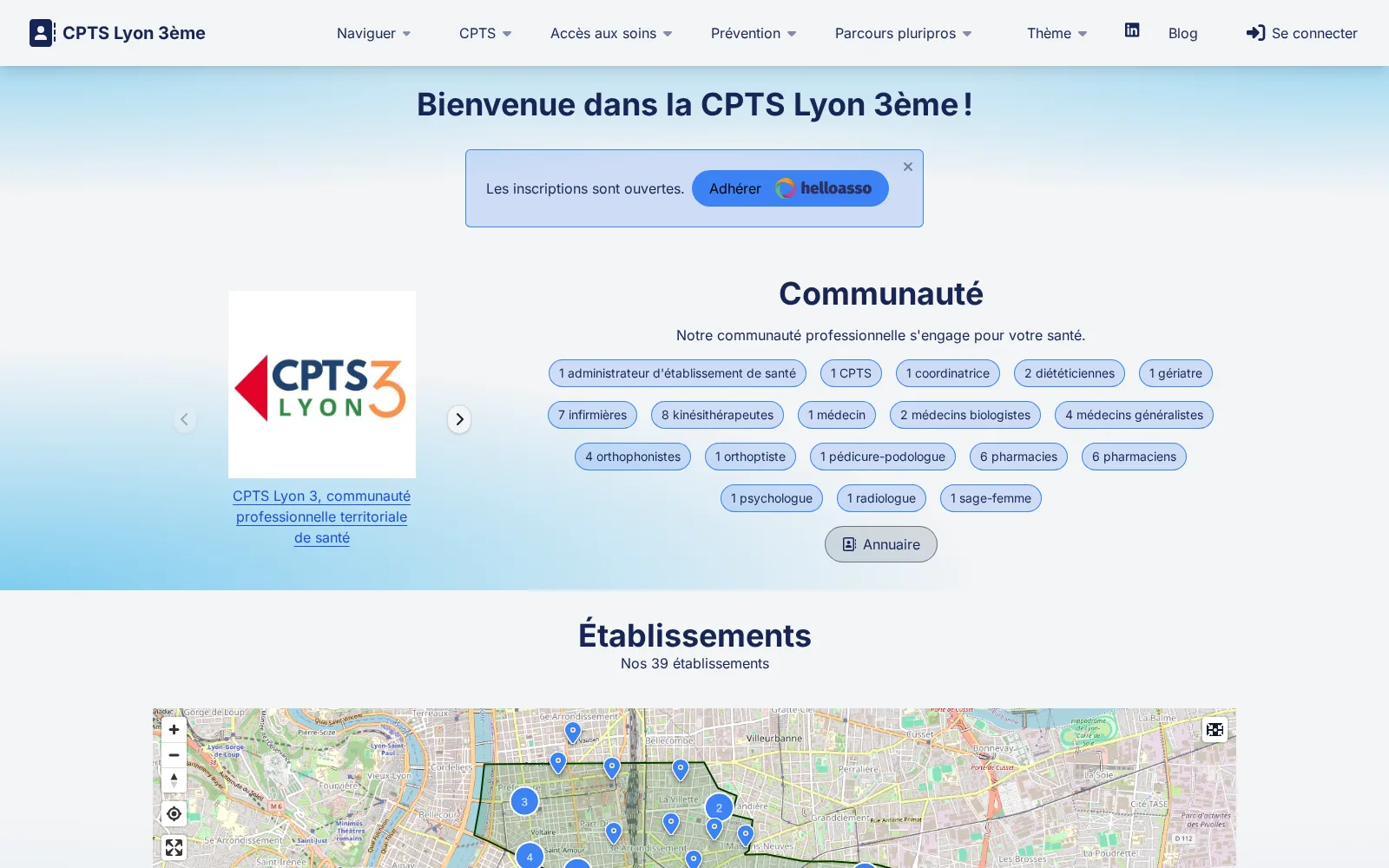 Page d'accueil du site de la CPTS Lyon 3ème: membres de la communauté par profession et accès à l'annuaire