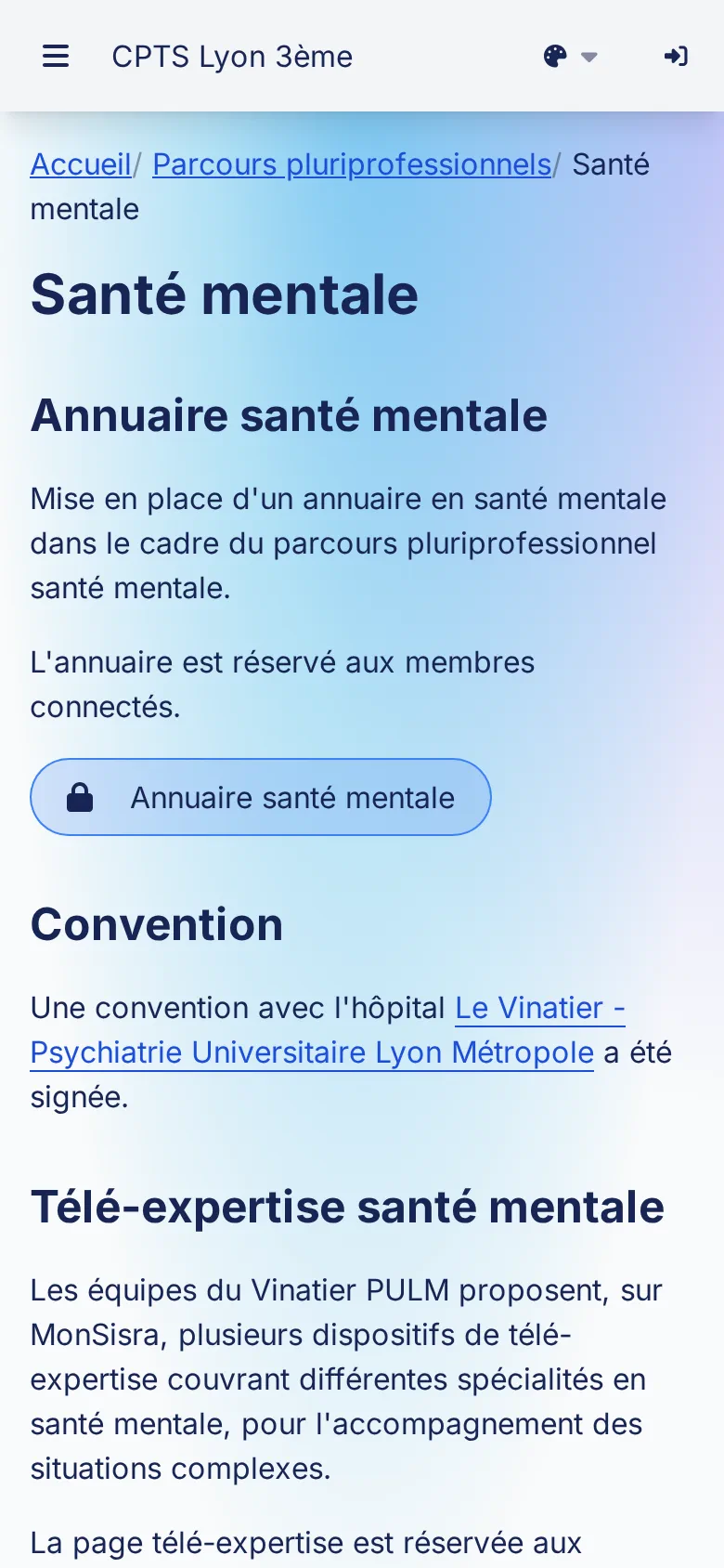 Page du groupe de travail Santé mentale sur le site de la CPTS Lyon 3ème: annuaire et télé-expertise réservés aux membres, convention avec l'hôpital