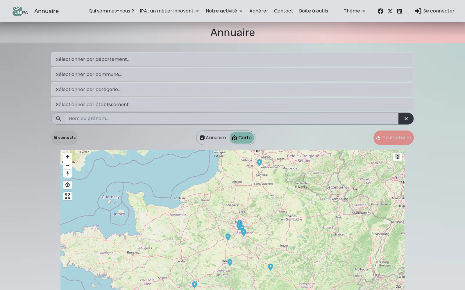 Annuaire des adhérents de l'UNIPA, vue carte, servi à l'adresse unipa.fr/annuaire sous le menu du site de l'union